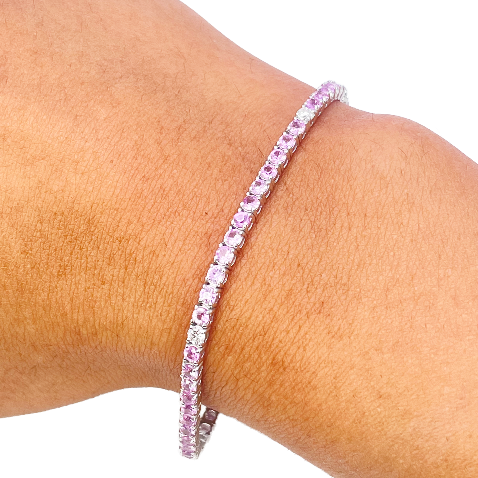 18ct White Gold Natural Round Pink Sapphire & Diamond Tennis Bracelet 4.35ct  Diamond Bracelets