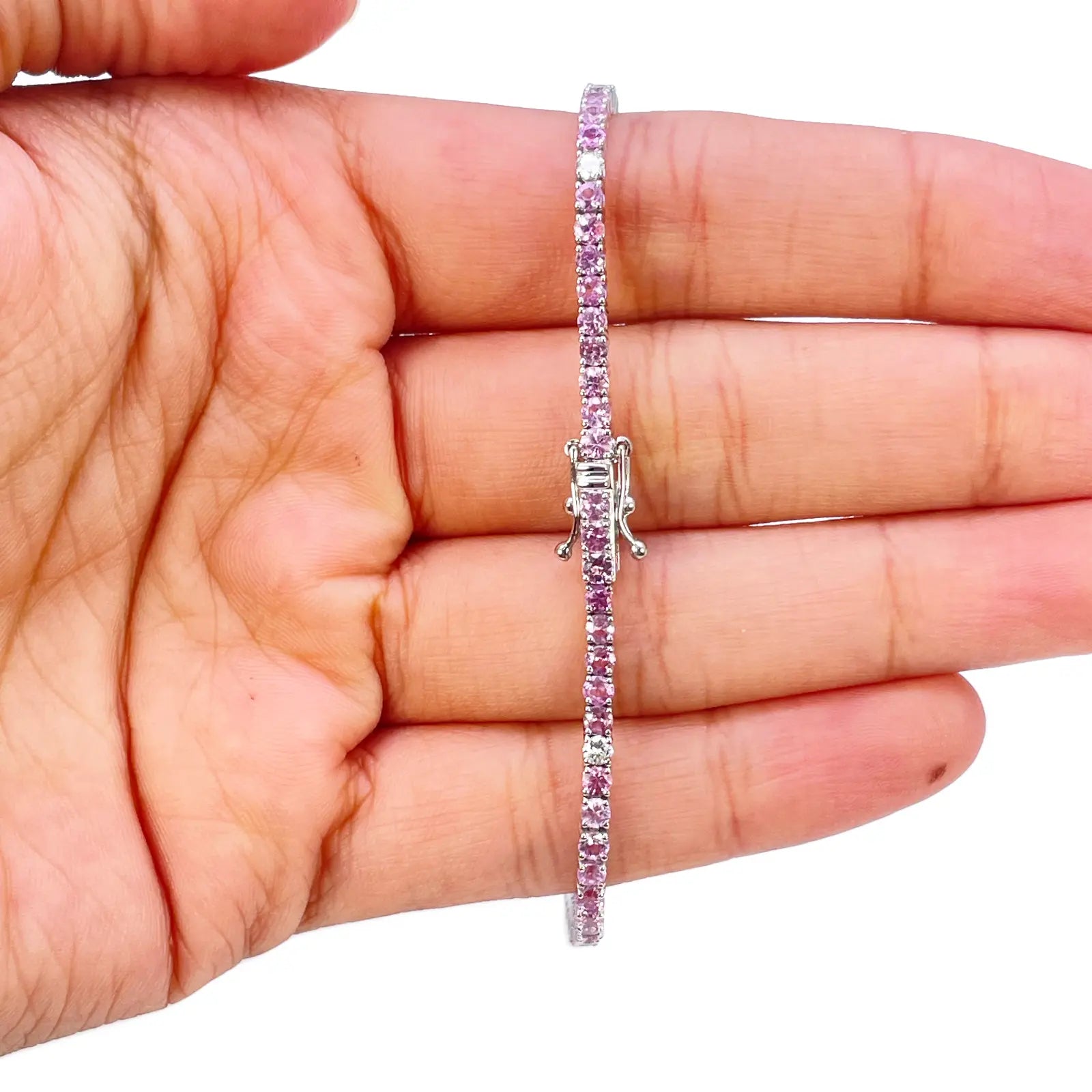18ct White Gold Natural Round Pink Sapphire & Diamond Tennis Bracelet 5.40ct  Diamond Bracelets