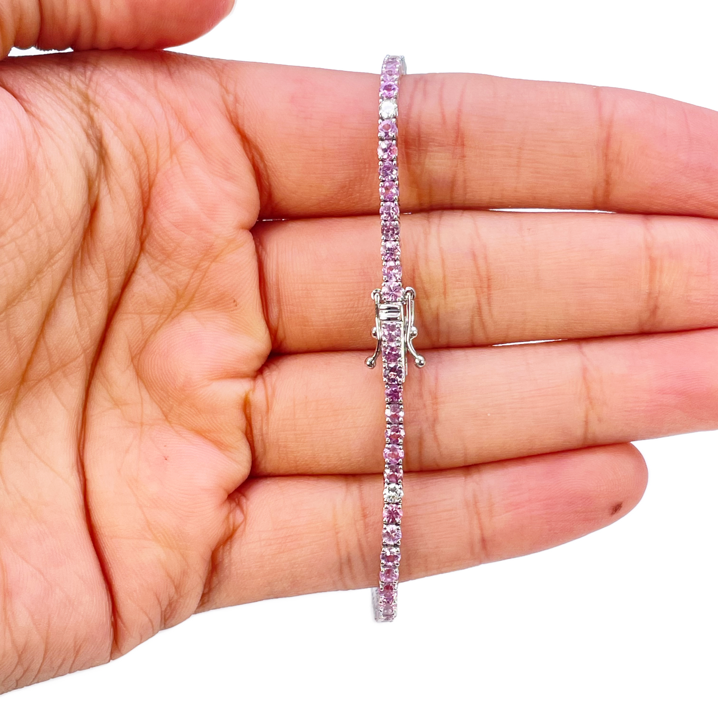 18ct White Gold Natural Round Pink Sapphire & Diamond Tennis Bracelet 5.40ct  Diamond Bracelets