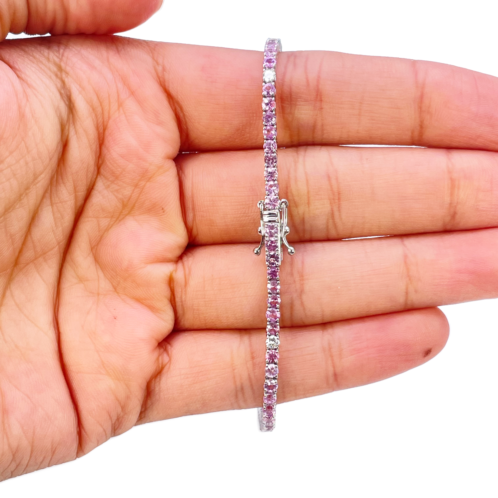 18ct White Gold Natural Round Pink Sapphire & Diamond Tennis Bracelet 5.40ct  Diamond Bracelets