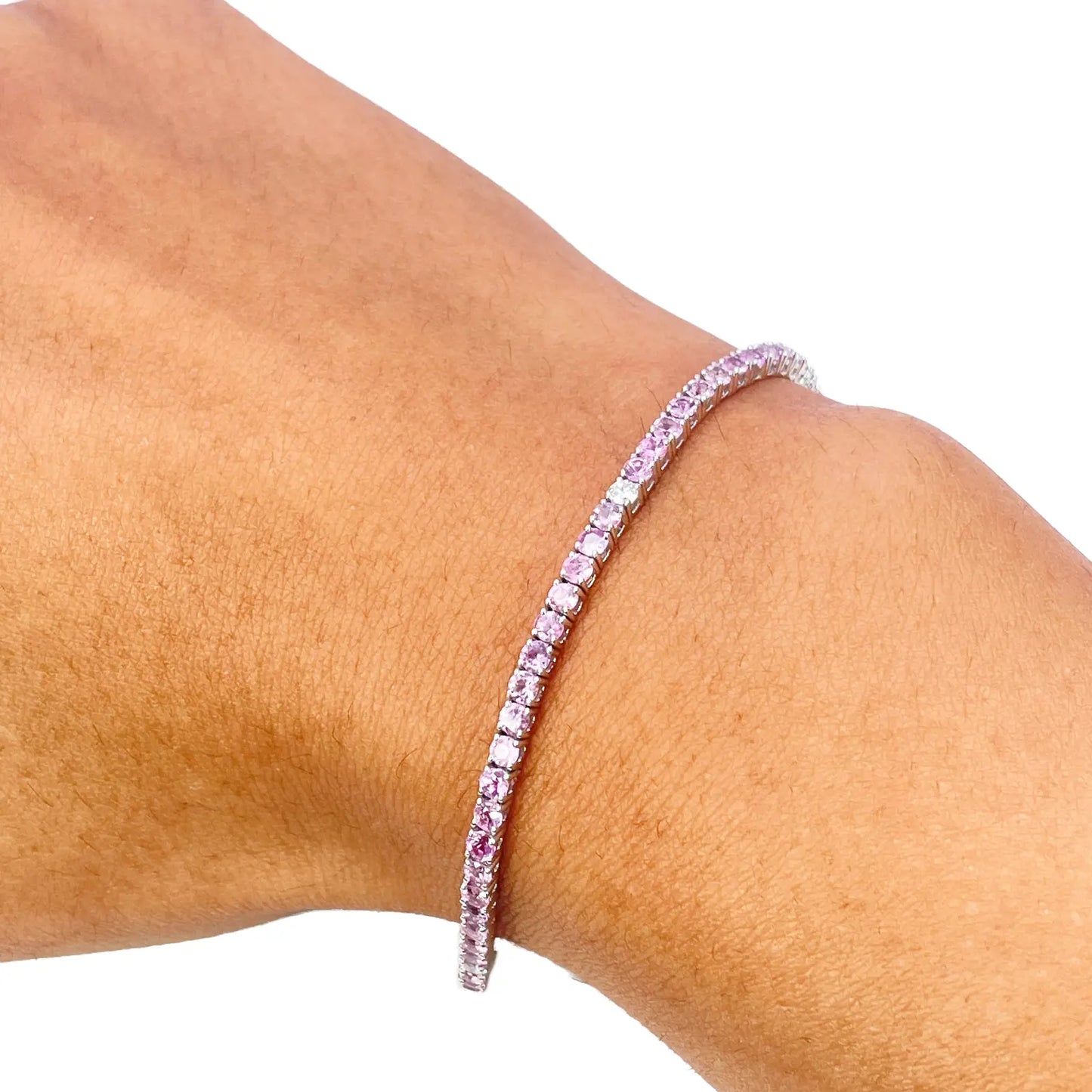 18ct White Gold Natural Round Pink Sapphire & Diamond Tennis Bracelet 5.40ct  Diamond Bracelets