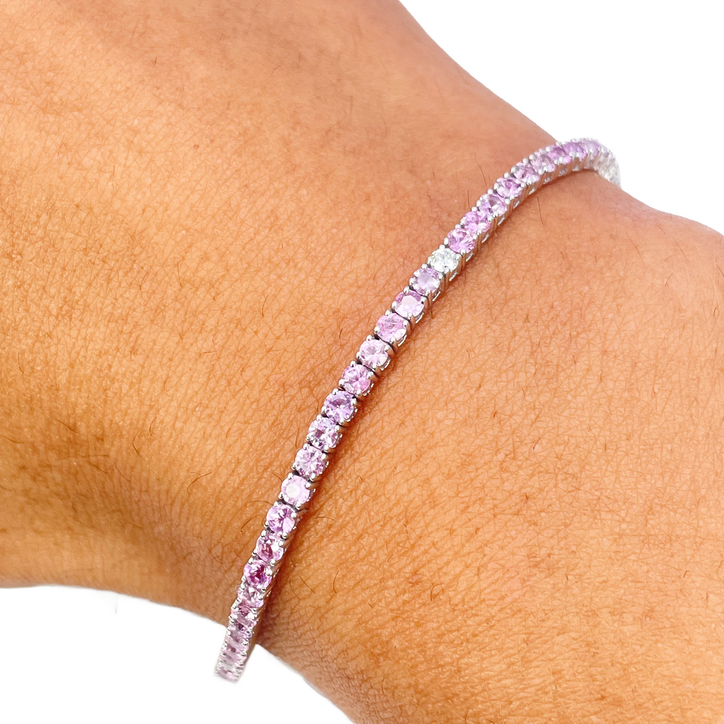 18ct White Gold Natural Round Pink Sapphire & Diamond Tennis Bracelet 5.40ct  Diamond Bracelets