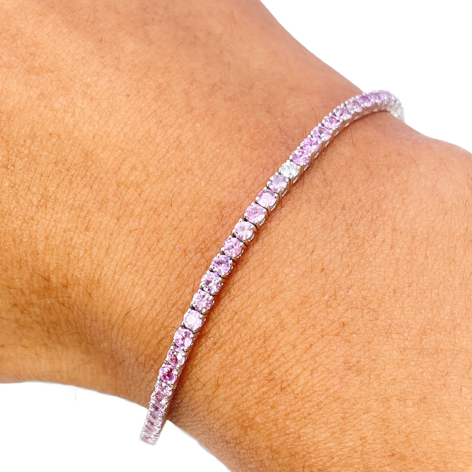 18ct White Gold Natural Round Pink Sapphire & Diamond Tennis Bracelet 5.40ct  Diamond Bracelets