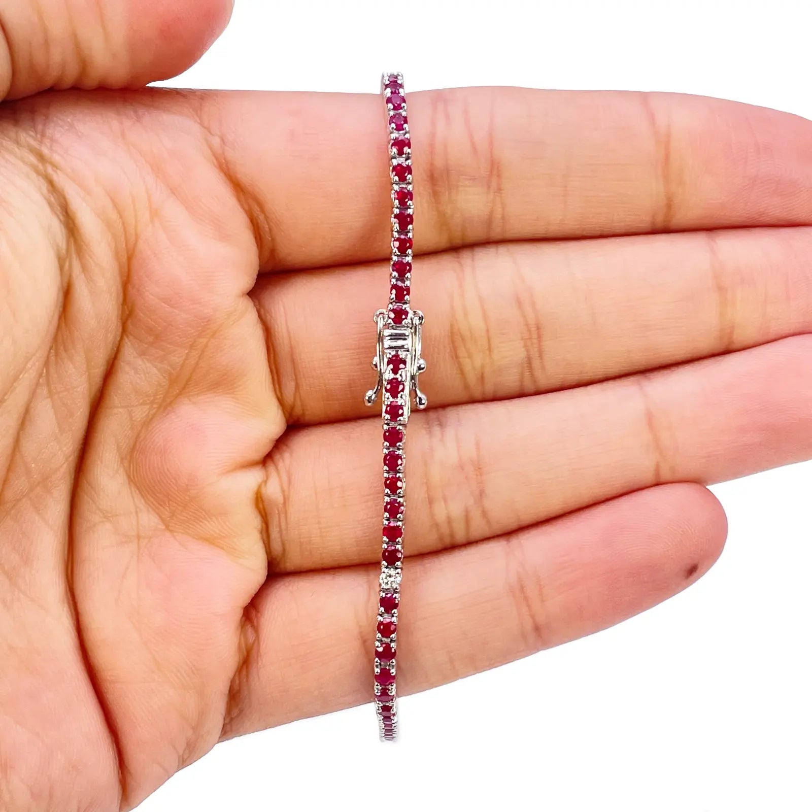 18ct White Gold Natural Round Ruby & Diamond Tennis Bracelet 2.30ct 7 Inches  Diamond Bracelets
