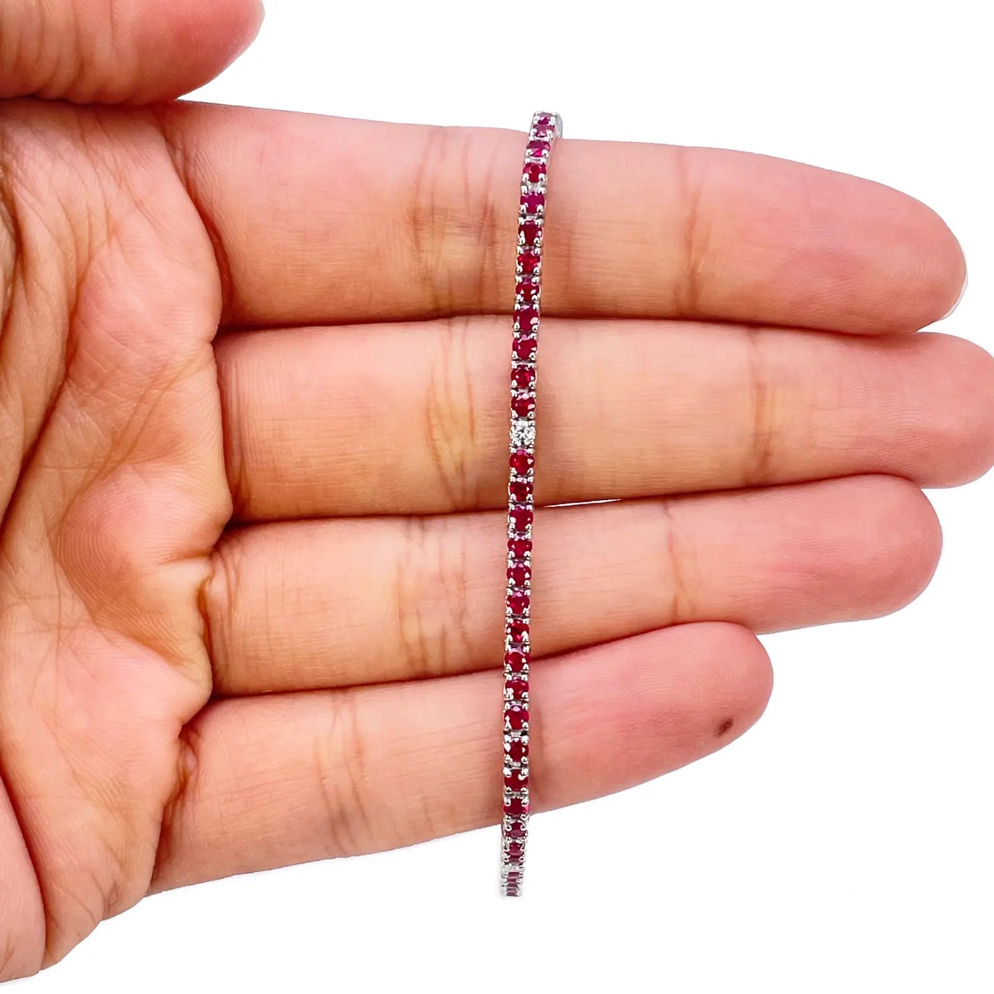 18ct White Gold Natural Round Ruby & Diamond Tennis Bracelet 2.94ct 7 Inches  Diamond Bracelets