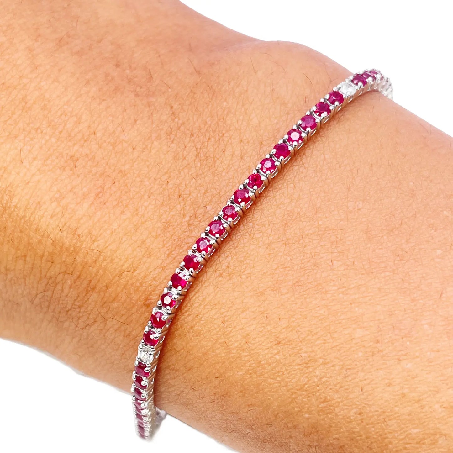 18ct White Gold Natural Round Ruby & Diamond Tennis Bracelet 2.94ct 7 Inches  Diamond Bracelets