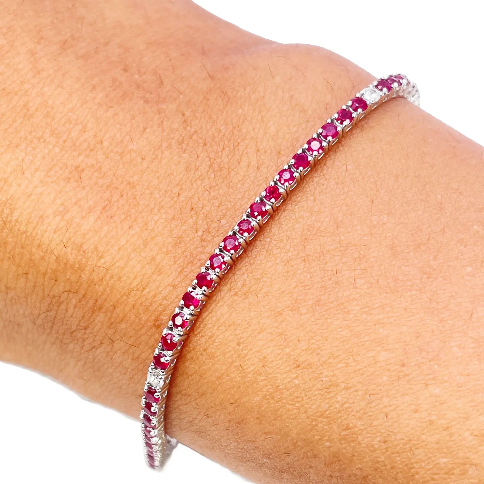 18ct White Gold Natural Round Ruby & Diamond Tennis Bracelet 2.94ct 7 Inches  Diamond Bracelets
