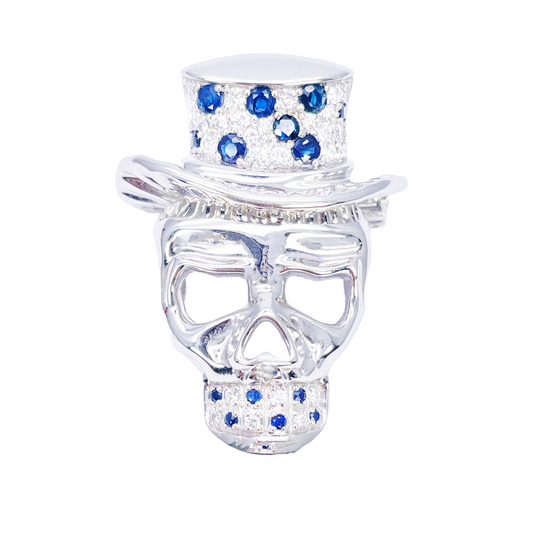 18ct White Gold Natural Round Sapphire & Diamond Skull Brooch Pin 1.45ct  Diamond Ring