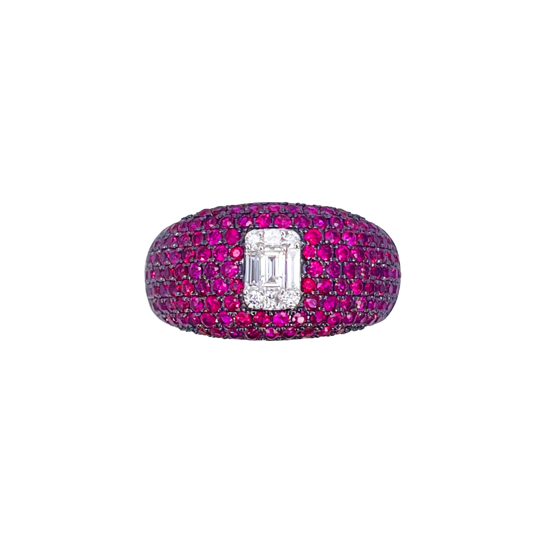 18ct White Gold Natural Ruby Baguette Diamond Cluster Cocktail Dome Ring 1.45ct  Diamond Ring