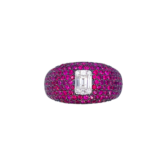 18ct White Gold Natural Ruby Baguette Diamond Cluster Cocktail Dome Ring 1.45ct  Diamond Ring