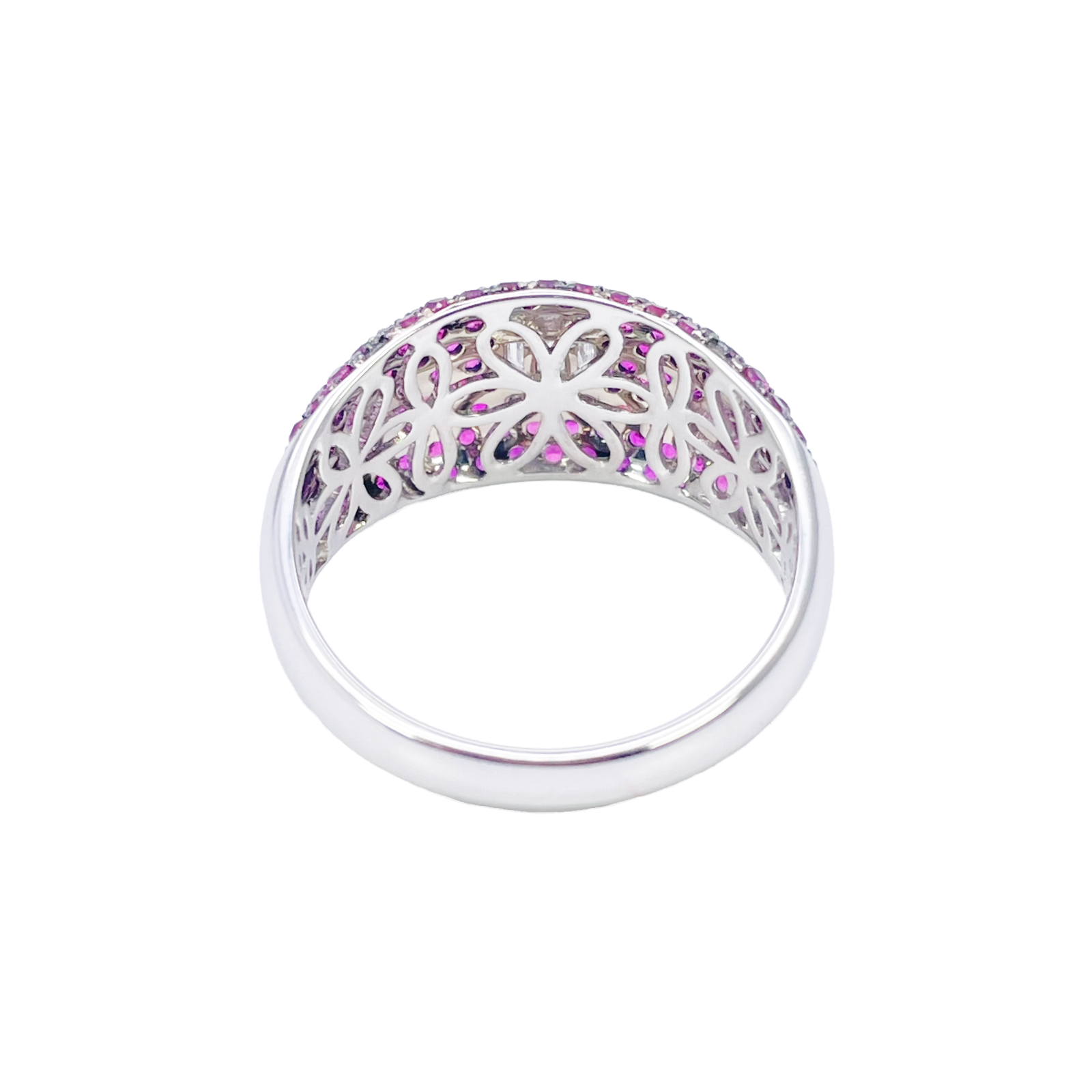 18ct White Gold Natural Ruby Baguette Diamond Cluster Cocktail Dome Ring 1.45ct  Diamond Ring