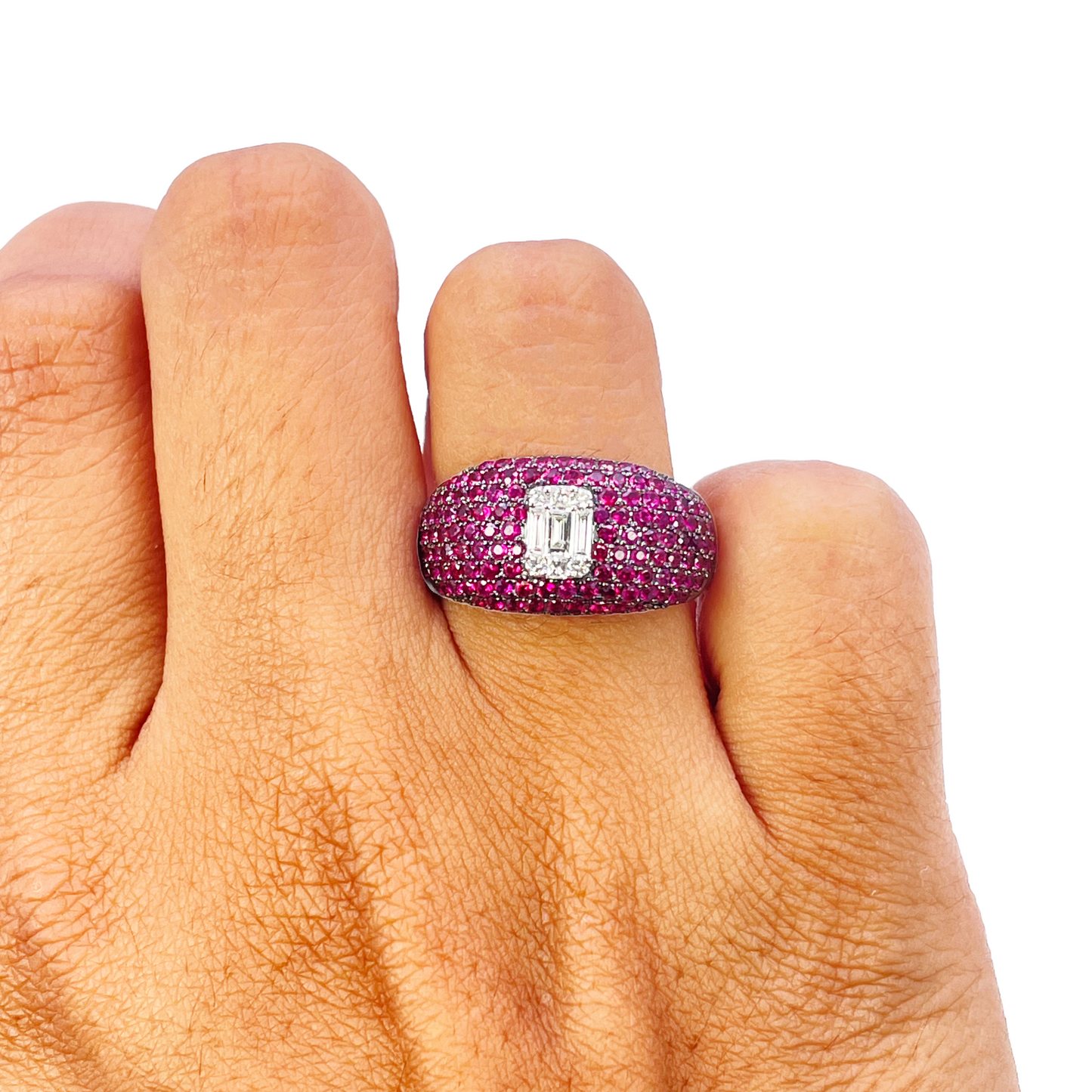 18ct White Gold Natural Ruby Baguette Diamond Cluster Cocktail Dome Ring 1.45ct  Diamond Ring