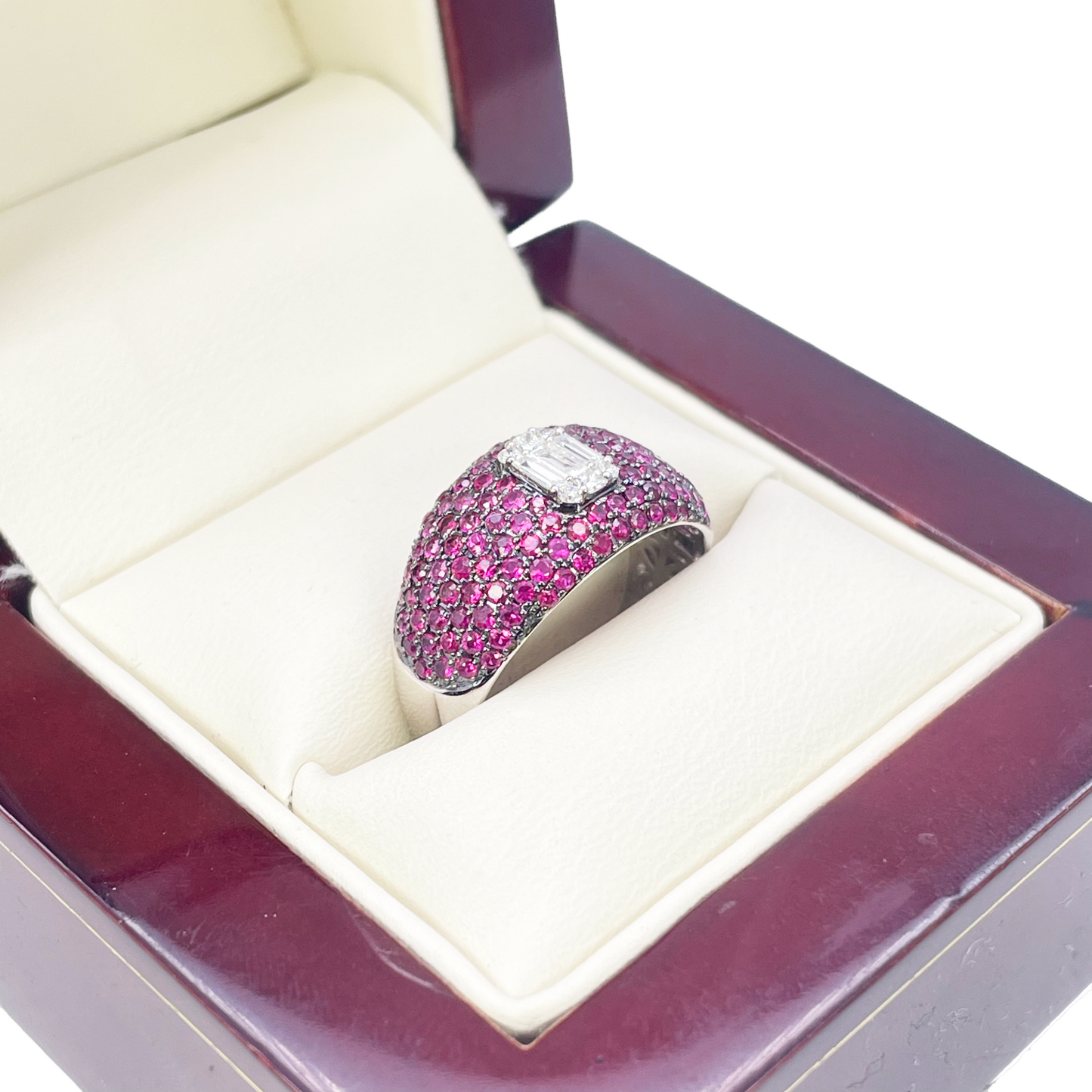 18ct White Gold Natural Ruby Baguette Diamond Cluster Cocktail Dome Ring 1.45ct  Diamond Ring