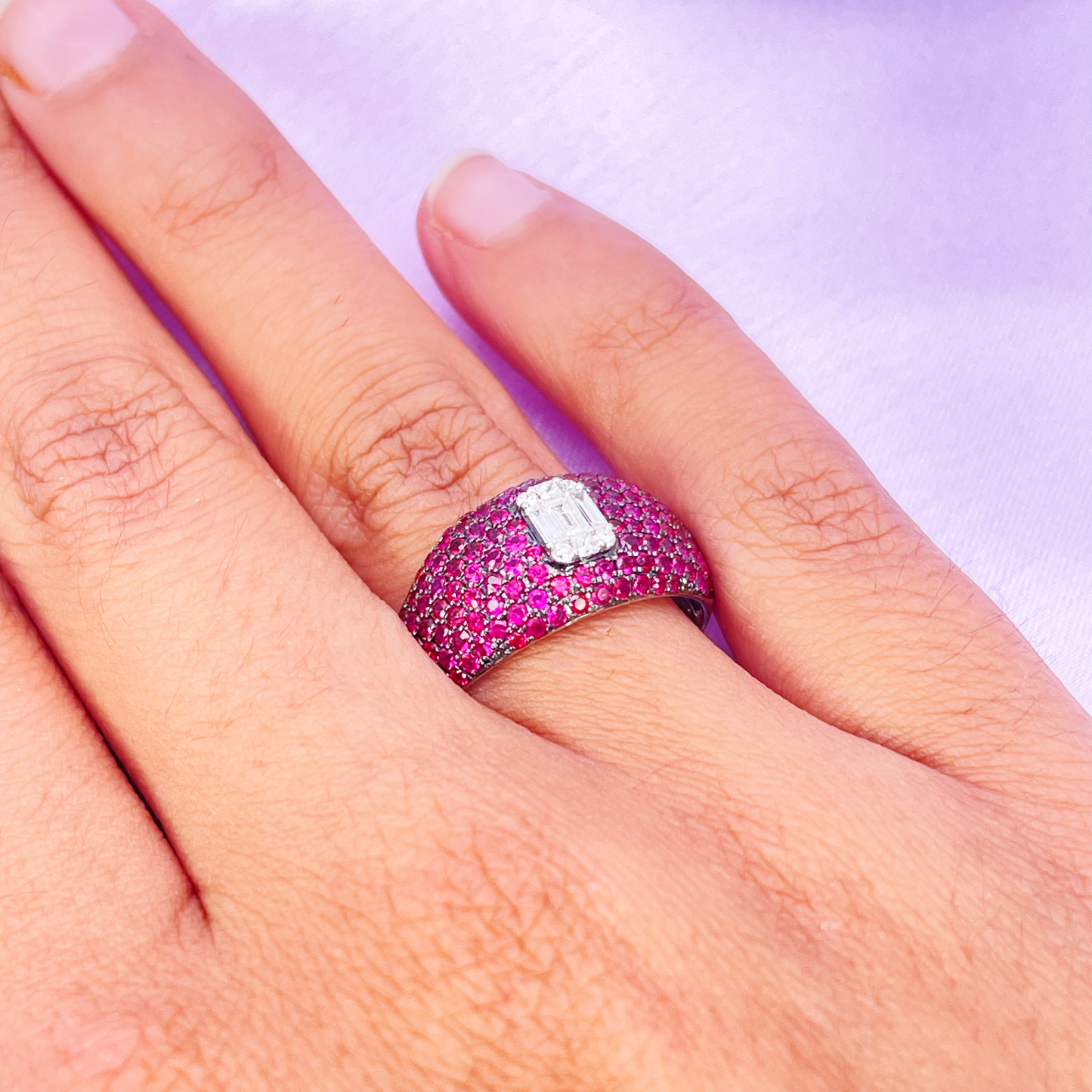 18ct White Gold Natural Ruby Baguette Diamond Cluster Cocktail Dome Ring 1.45ct  Diamond Ring