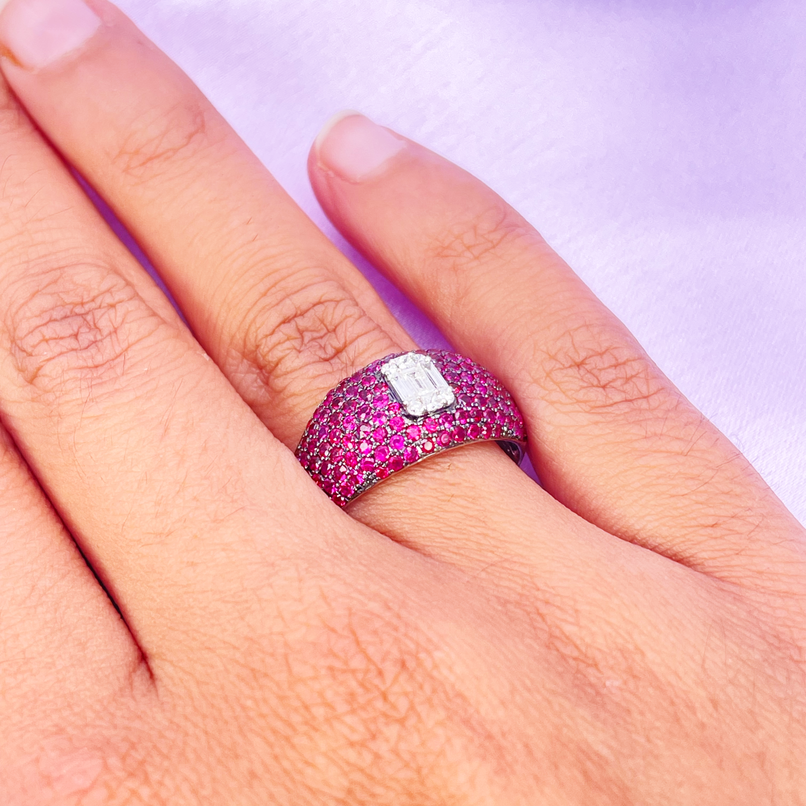 18ct White Gold Natural Ruby Baguette Diamond Cluster Cocktail Dome Ring 1.45ct  Diamond Ring