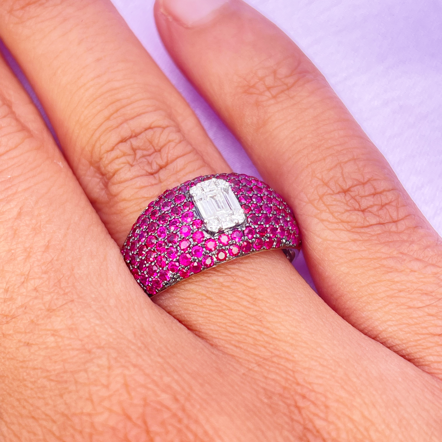 18ct White Gold Natural Ruby Baguette Diamond Cluster Cocktail Dome Ring 1.45ct  Diamond Ring