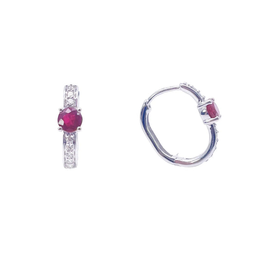 18ct White Gold Natural Ruby Prong & Diamond Huggie Hoop Earrings 0.92ct 