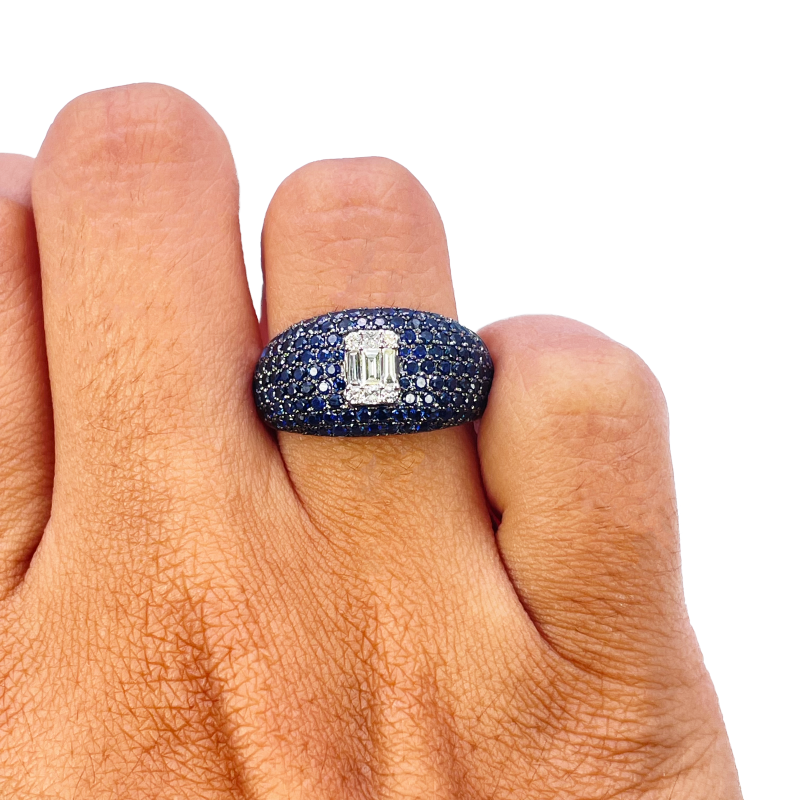 18ct White Gold Natural Sapphire & Diamond Cluster Cocktail Dome Ring 1.60ct  Diamond Ring