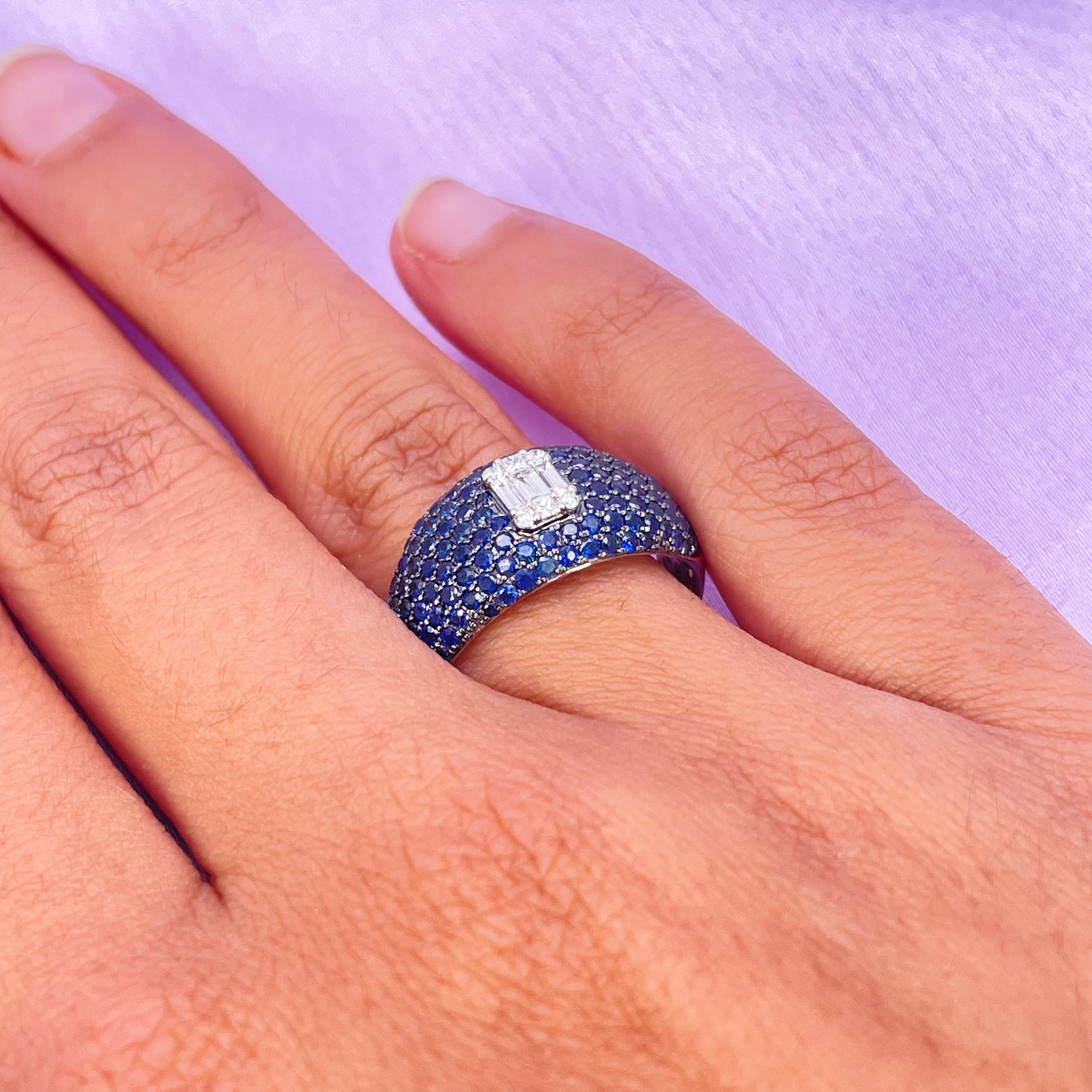 18ct White Gold Natural Sapphire & Diamond Cluster Cocktail Dome Ring 1.60ct  Diamond Ring