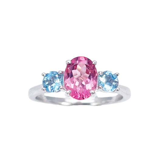 18ct White Gold Oval Pink Tourmaline & Aquamarine Trilogy Ring 1.60ct  Diamond Bracelets
