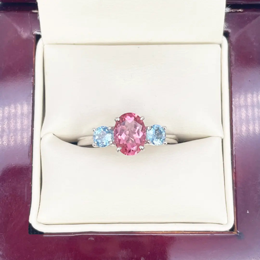 18ct White Gold Oval Pink Tourmaline & Aquamarine Trilogy Ring 1.60ct  Diamond Bracelets