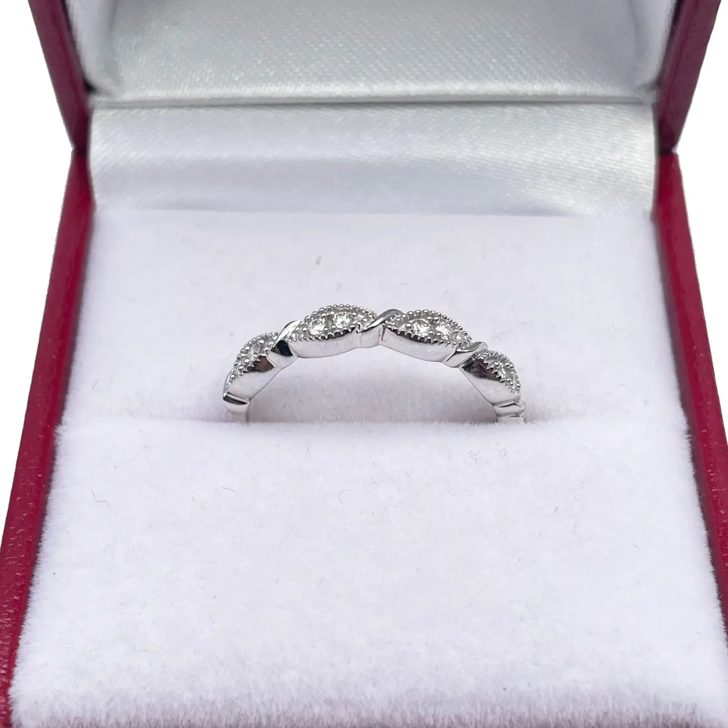 18ct White Gold Round Diamond Half  Eternity Milgrain Stackable Band 0.11ct  Diamond Ring