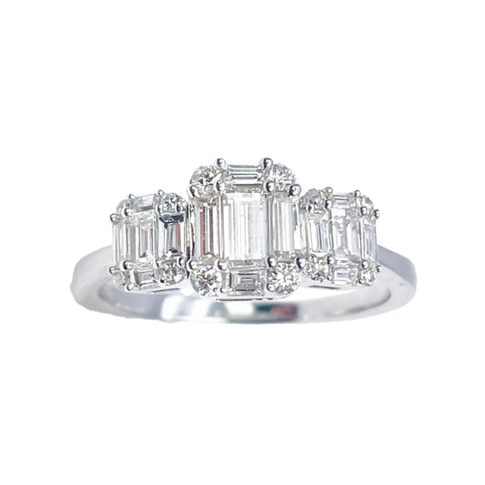 18ct White Gold Round Diamond & Baguette Trilogy Ring 0.98ct  Diamond Ring