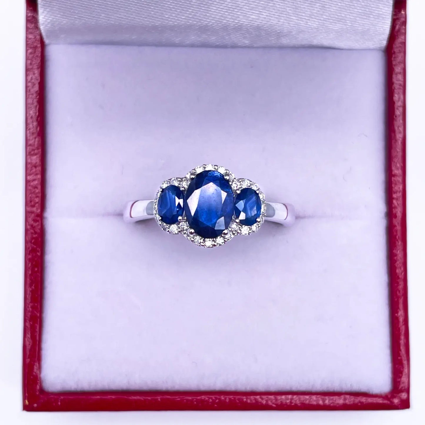 18ct White Gold Three-Stone Blue Sapphire & Diamond Cluster Oval Ring 1.76ct  Diamond Ring