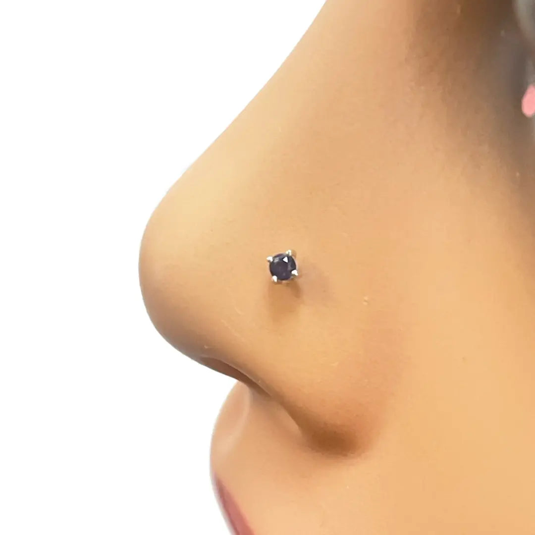 18ct White Gold & Blue Sapphire Nose Stud / Nose Pin 0.02 Carats 4-Claw 2.0 mm 