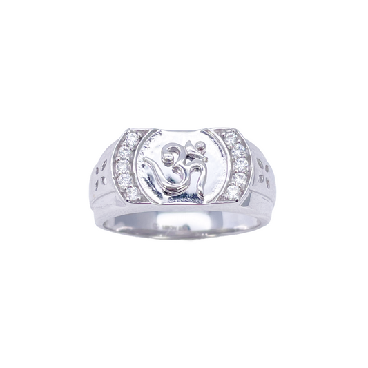 18ct White Gold & Round Cubic Zirconia Gents OM Signet Ring 