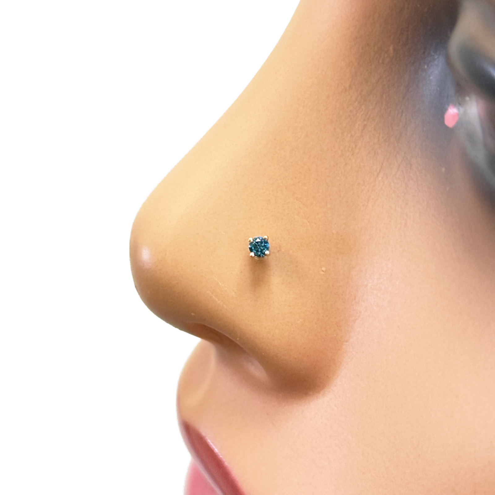 18ct White Or Rose Gold Blue Diamond Nose Stud Piercing Pin 0.03ct 4 Claw 2mm Width 