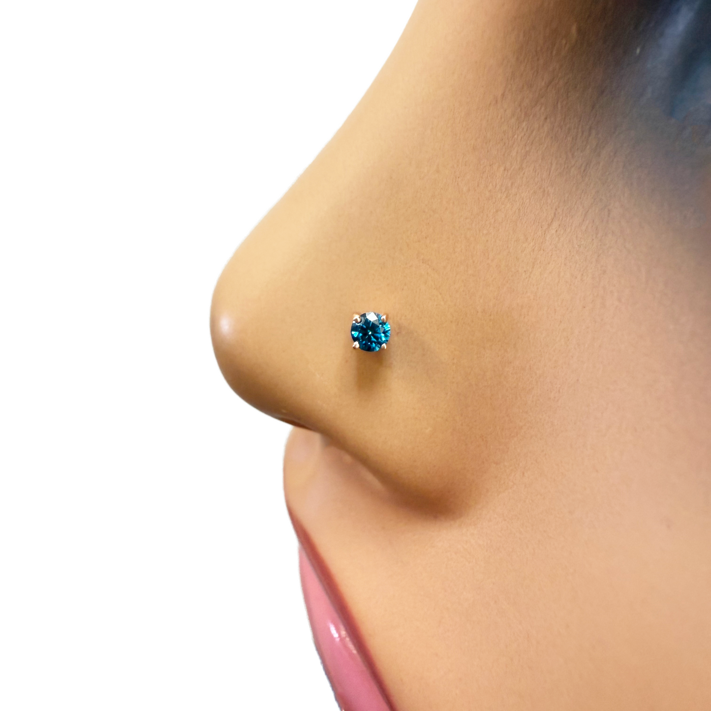 18ct White Or Rose Gold Blue Diamond Nose Stud Pin 0.08ct 4 claw 2.6mm Width 