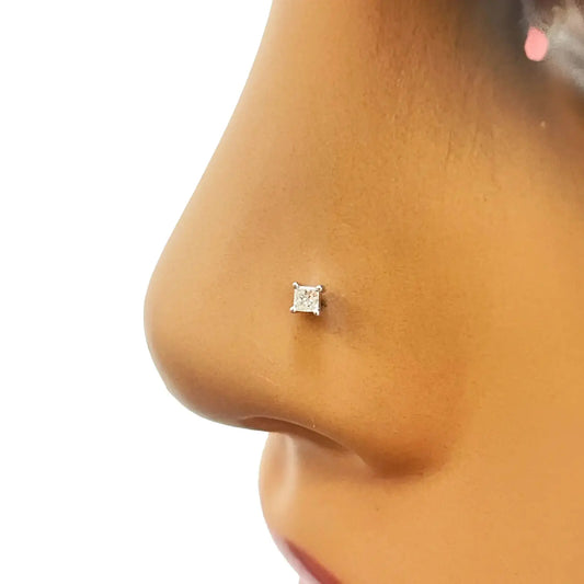 18ct White Or Yellow Gold Princess Diamond Nose Stud Pin 0.15ct 4 claw 3.4mm  Body Piercings