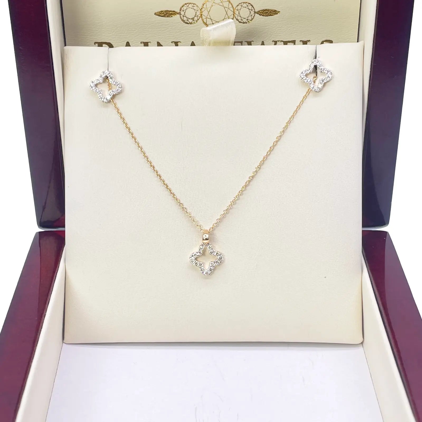 18ct Yellow Gold Diamond Clover Necklace Stud Earrings Matching Set 0.38ct 