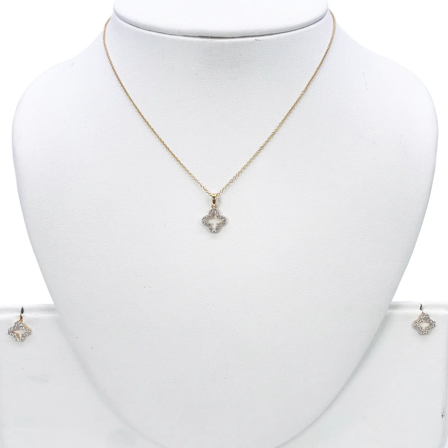 18ct Yellow Gold Diamond Clover Necklace Stud Earrings Matching Set 0.38ct 