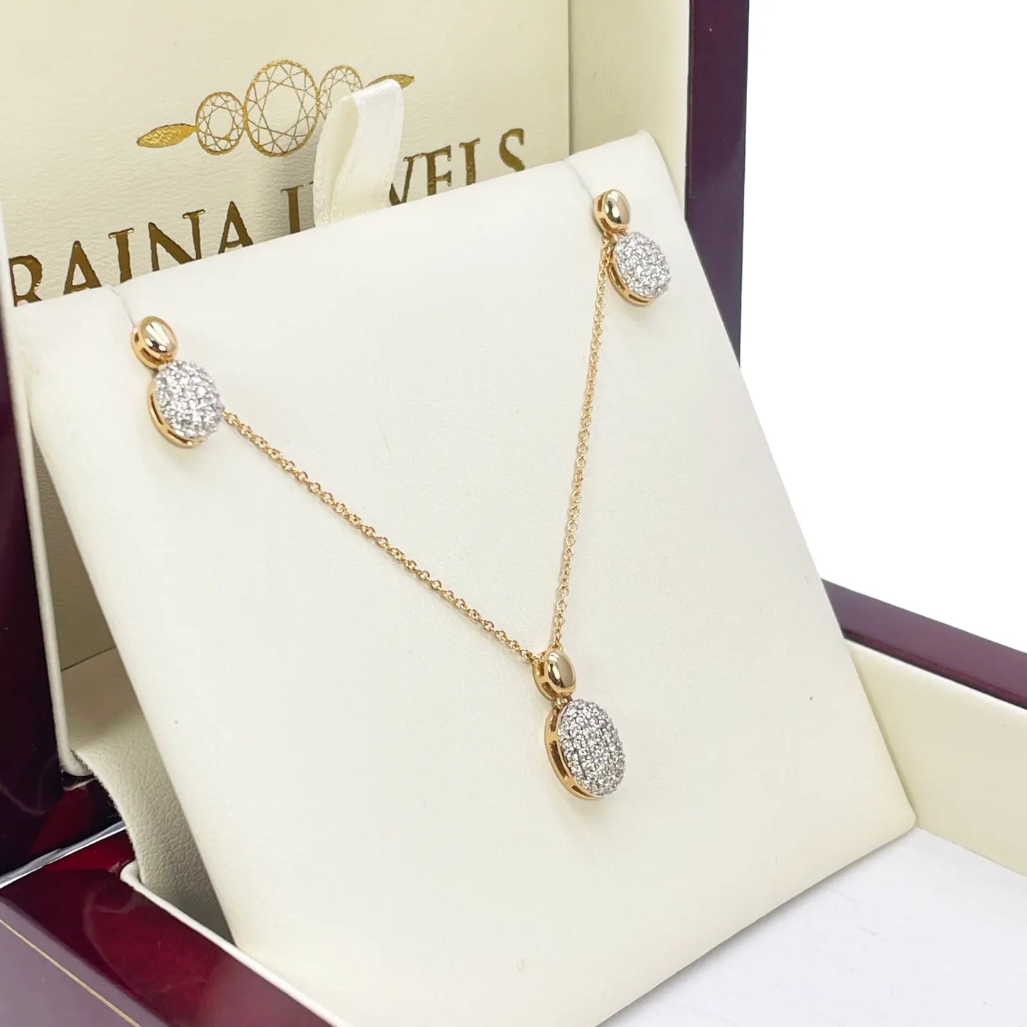 18ct Yellow Gold Diamond Oval Necklace Stud Earrings Matching Set 0.53ct 