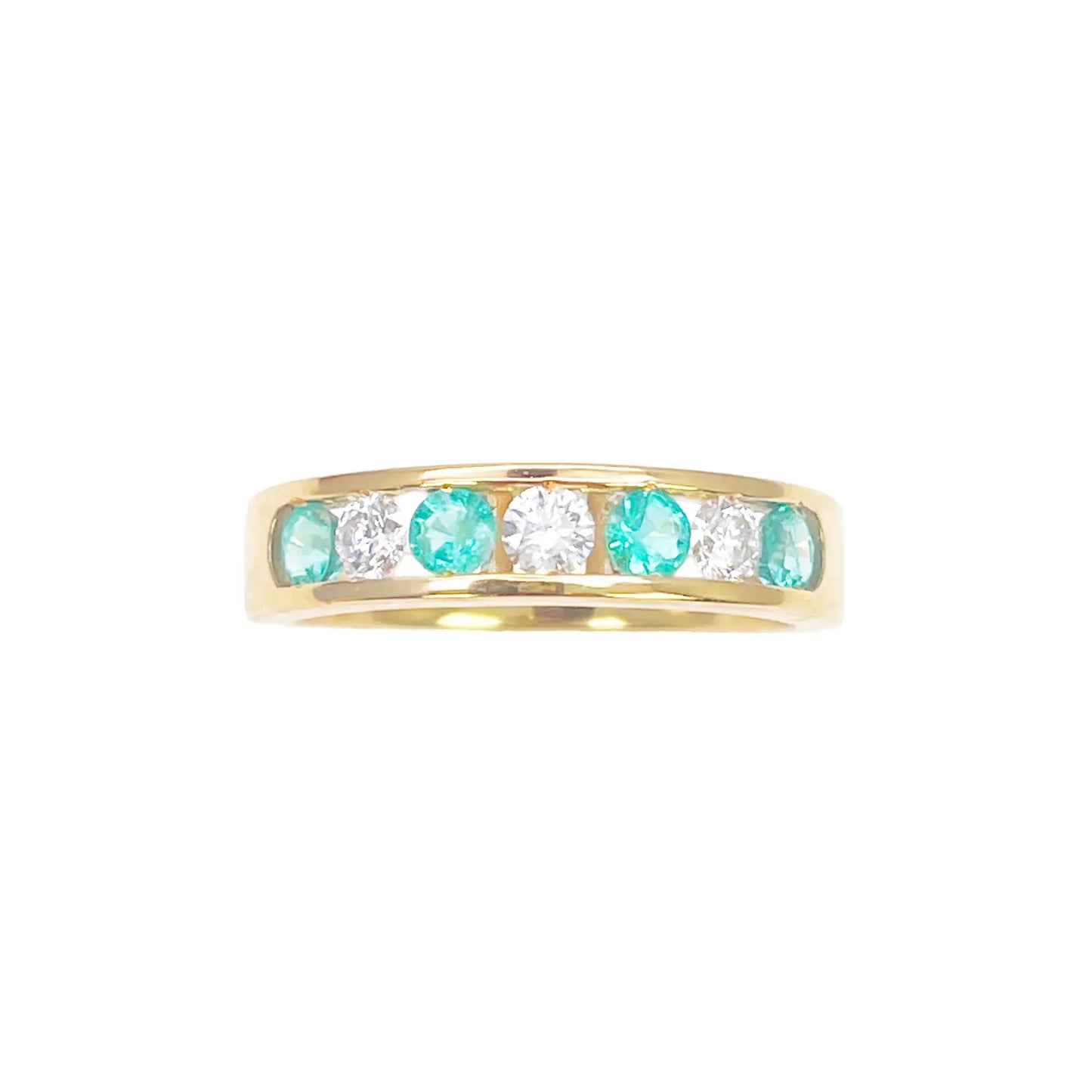 18ct Yellow Gold Diamond & Emerald 7 Stone Half Eternity Channel Set Ring 0.70ct 