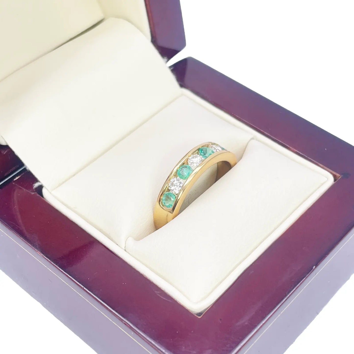 18ct Yellow Gold Diamond & Emerald 7 Stone Half Eternity Channel Set Ring 0.70ct 