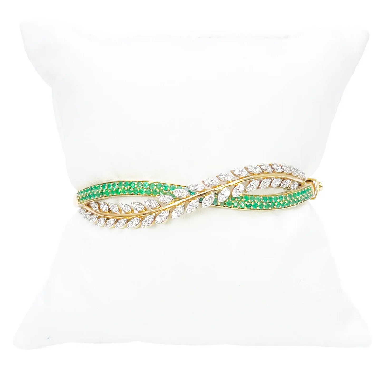 18ct Yellow Gold Diamond & Emerald Leaf Bangle Bracelet 2.17ct Diameter 2.2 Inch  Diamond Bracelet