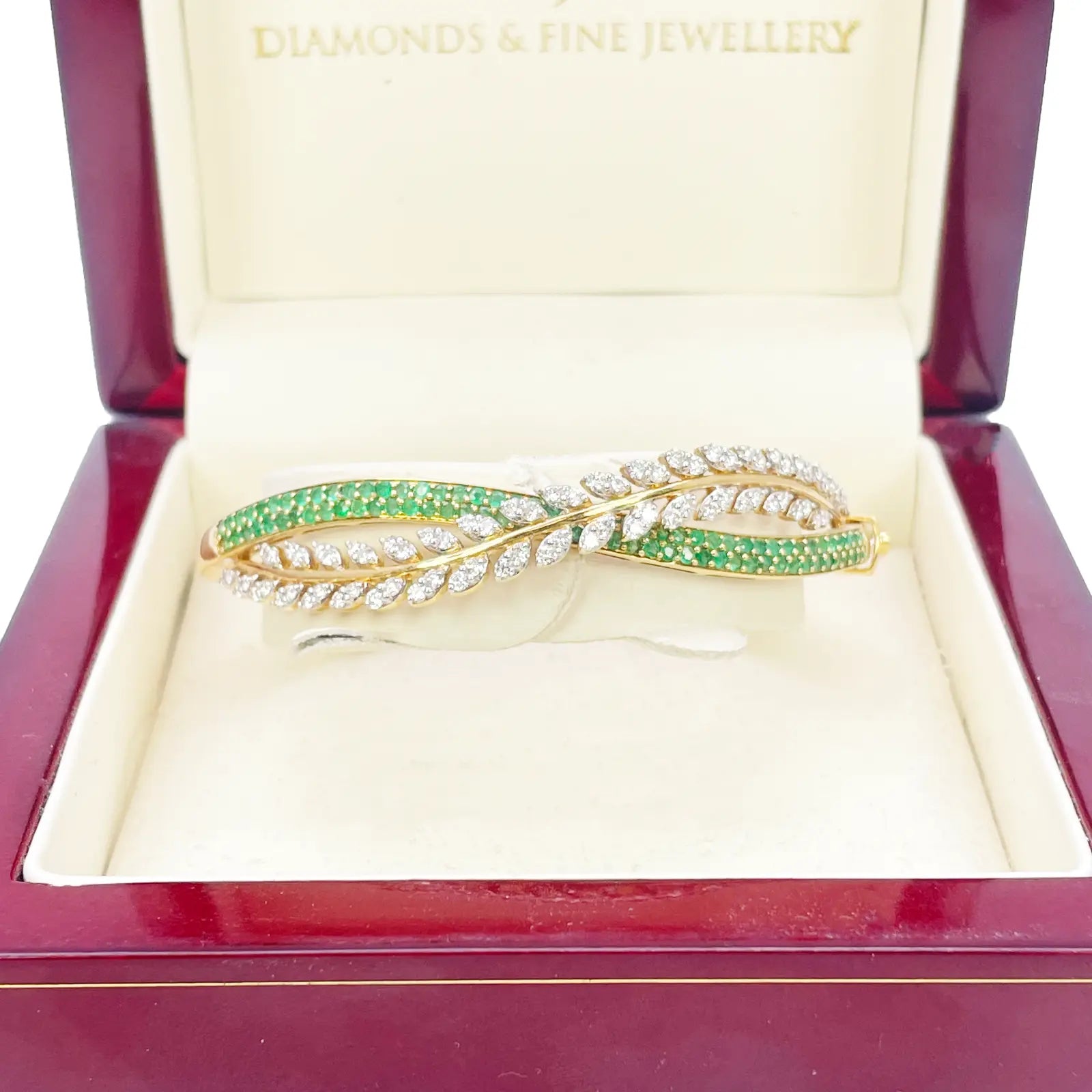 18ct Yellow Gold Diamond & Emerald Leaf Bangle Bracelet 2.17ct Diameter 2.2 Inch  Diamond Bracelet