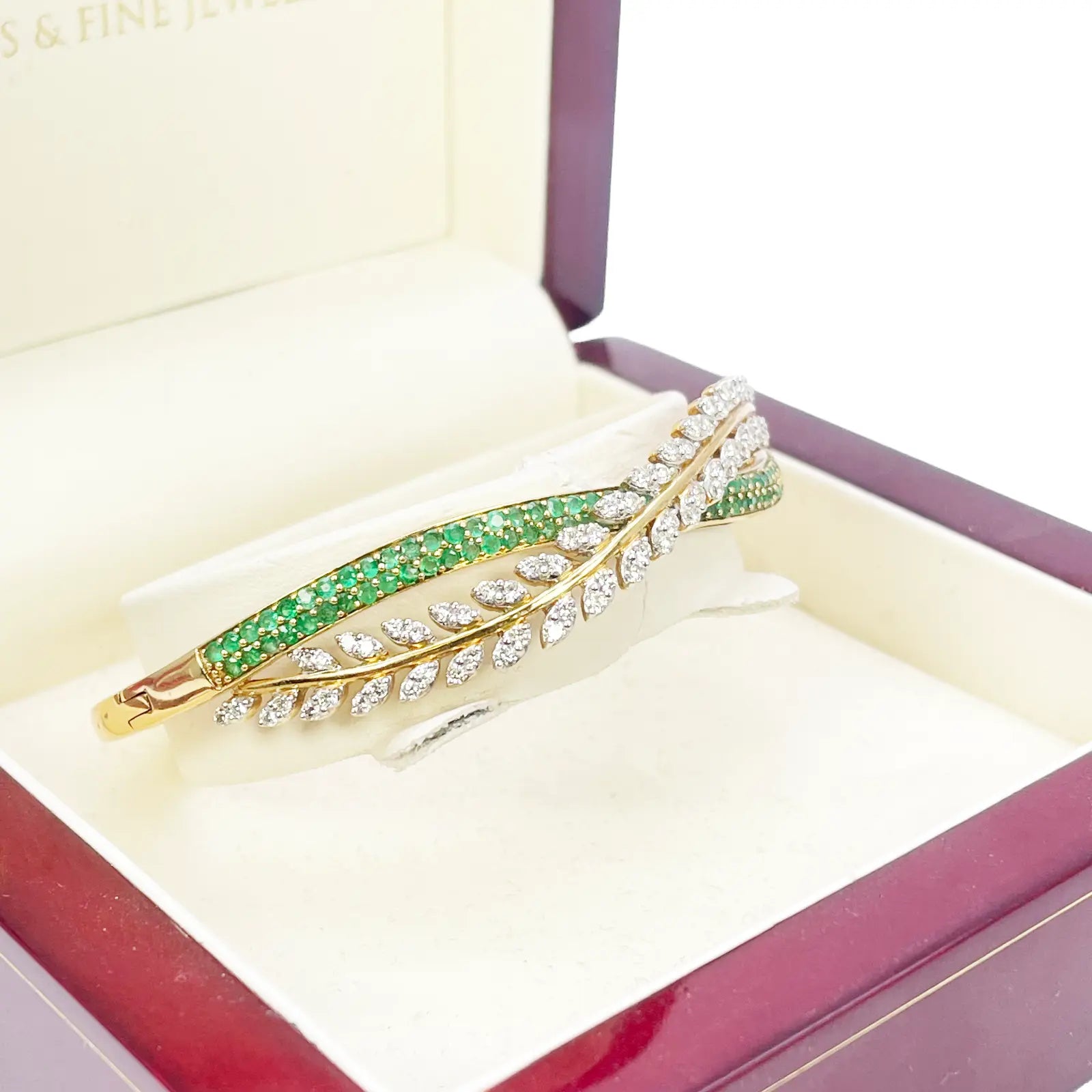 18ct Yellow Gold Diamond & Emerald Leaf Bangle Bracelet 2.17ct Diameter 2.2 Inch  Diamond Bracelet