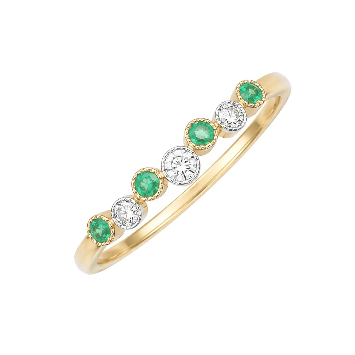18ct Yellow Gold Emerald & Diamond Milgrain Bezel Ring 0.13ct Natural Stones  Diamond Ring