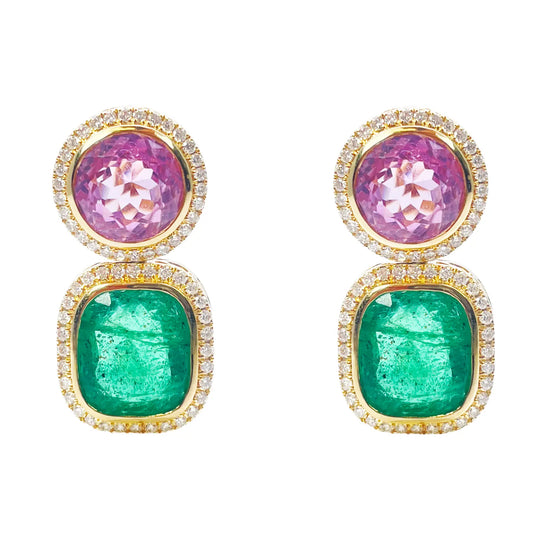 18ct Yellow Gold Emerald, Kunzite Rubover Set Halo Diamond Drop Earrings 17.76ct 