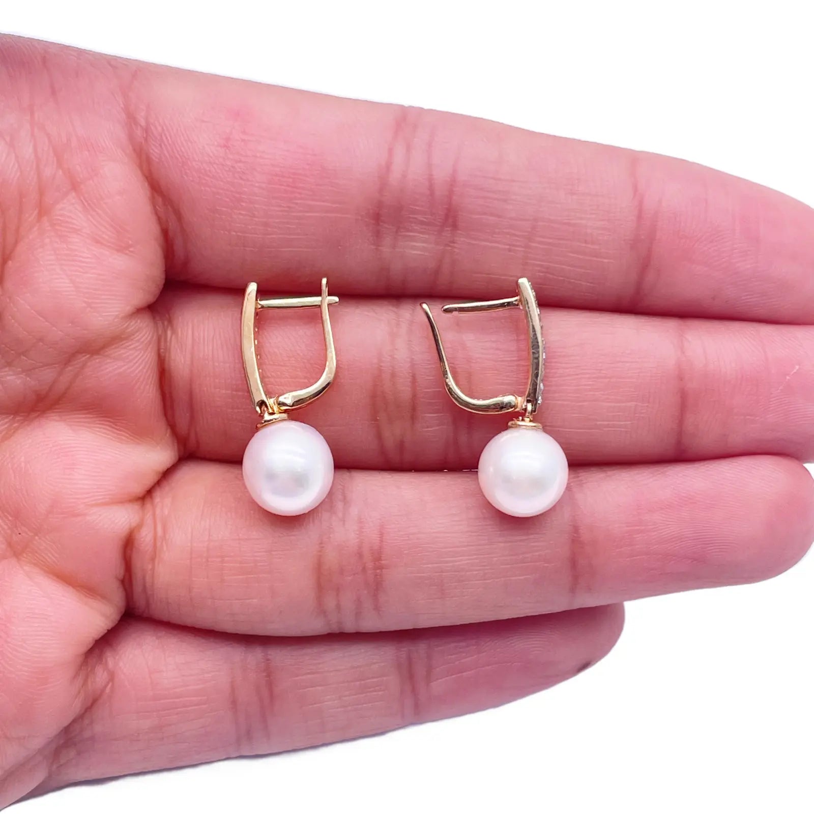 18ct Yellow Gold Freshwater Pearl & Diamonds Drop Hoop Huggie Earrings 0.10cts 