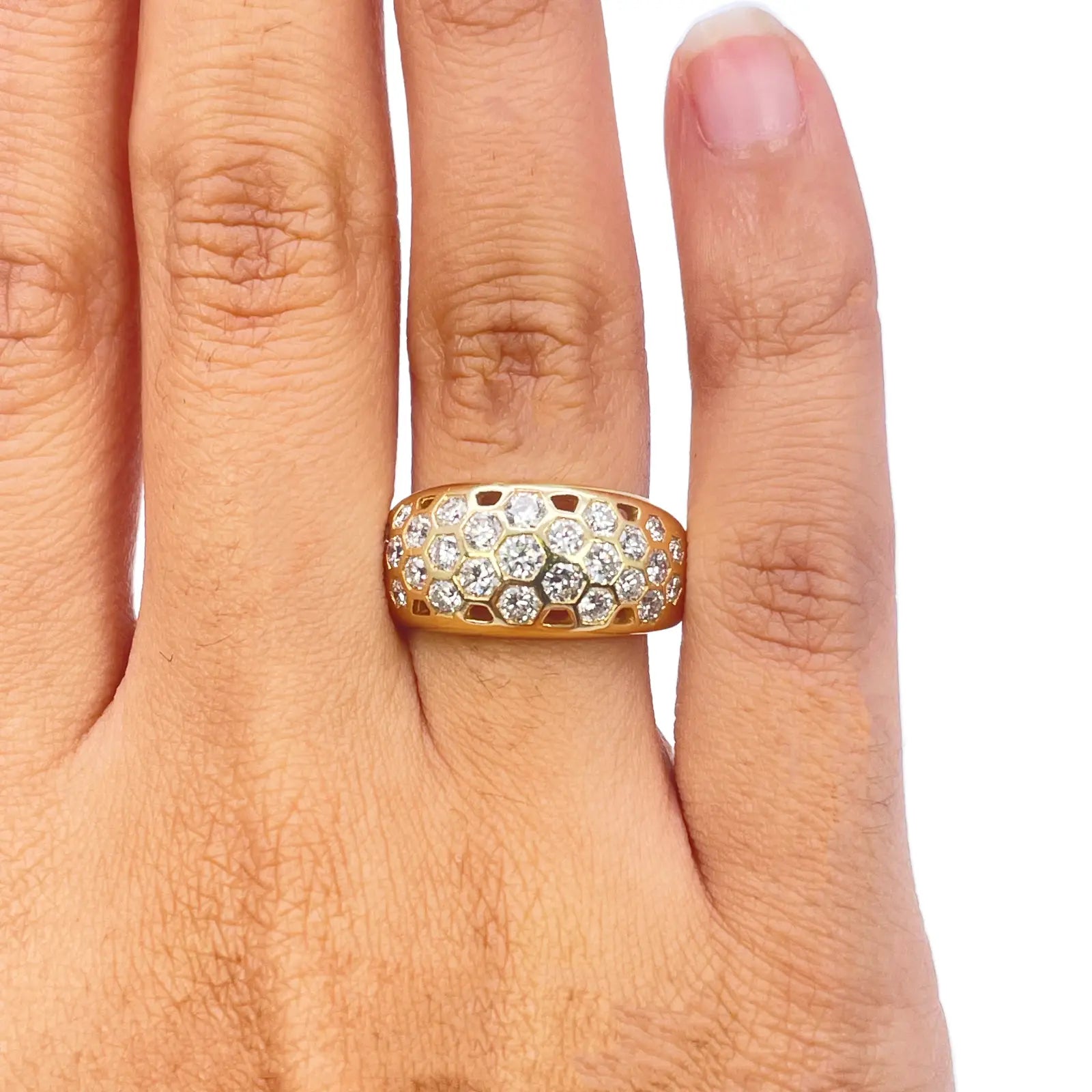 18ct Yellow Gold Honeycomb Design Diamond Ring Rubover Set 1.45ct  Diamond Ring