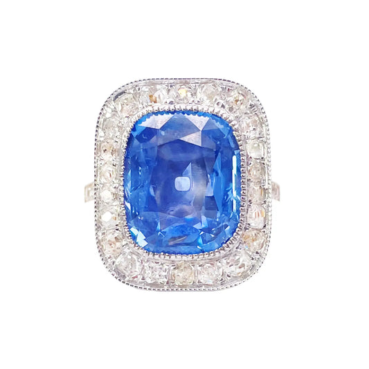 18ct Yellow Gold Natural Blue Sapphire Diamond Rectangular Cushion Ring 10.7ct  Diamond Ring