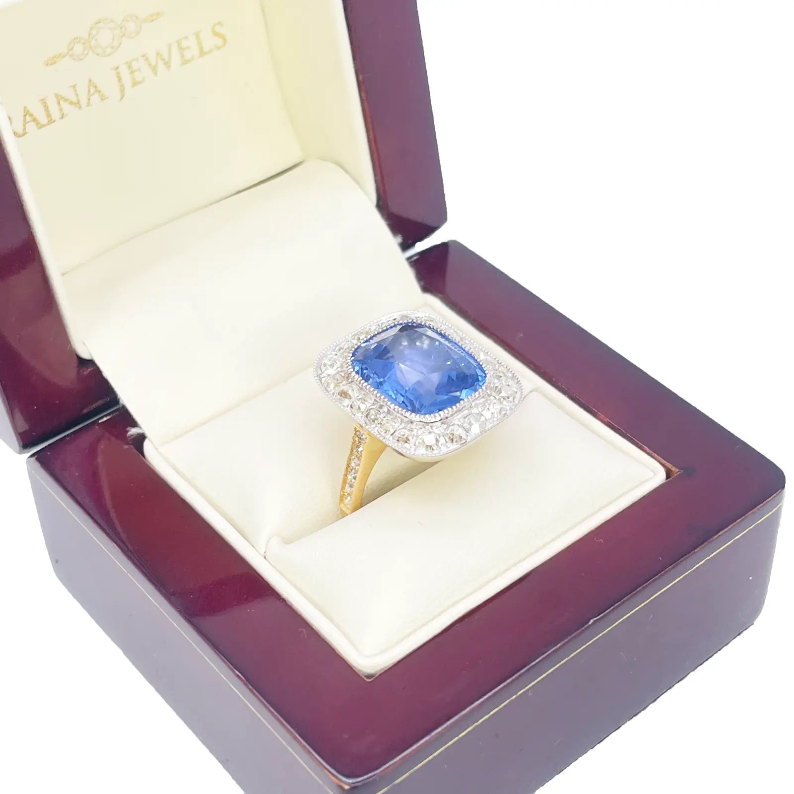 18ct Yellow Gold Natural Blue Sapphire Diamond Rectangular Cushion Ring 10.7ct  Diamond Ring