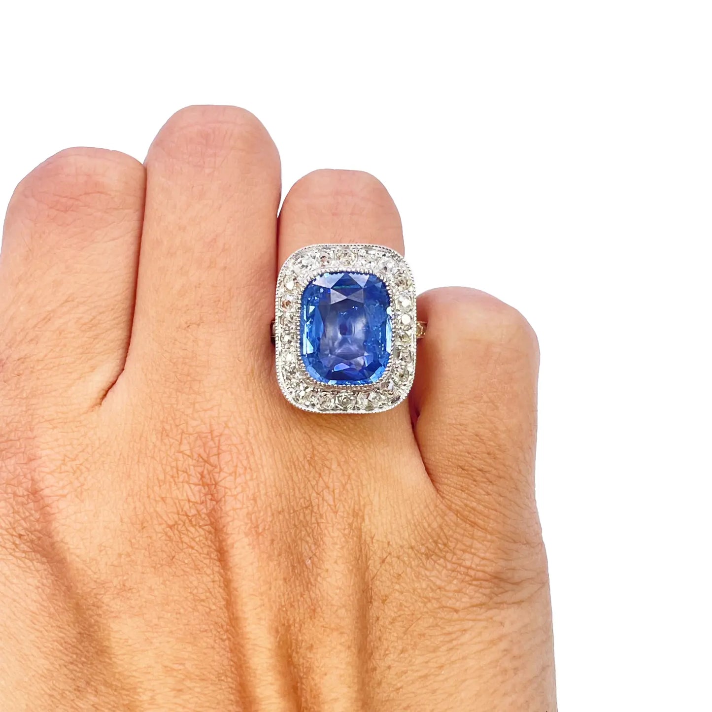 18ct Yellow Gold Natural Blue Sapphire Diamond Rectangular Cushion Ring 10.7ct  Diamond Ring