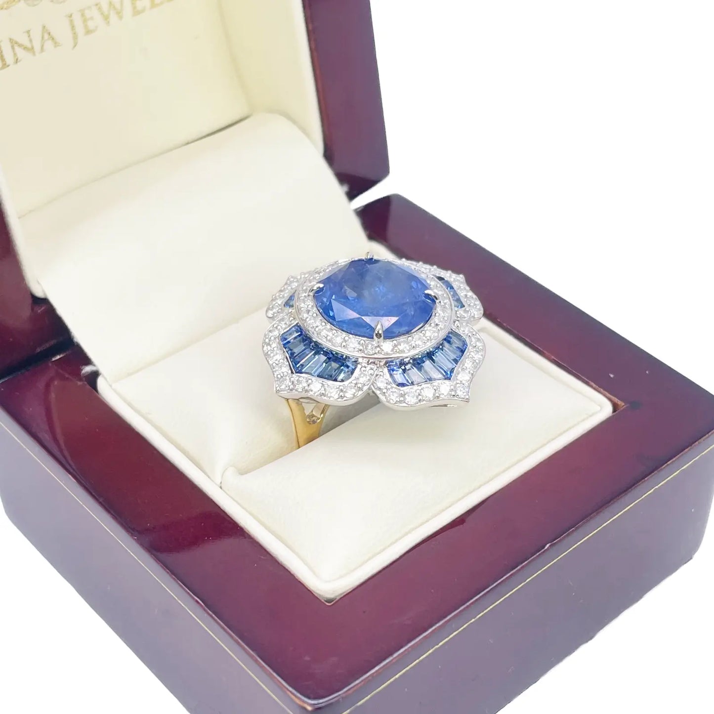 18ct Yellow Gold Natural Blue Sapphire & Diamond Floral Cocktail Ring 10.69ct  Diamond Ring