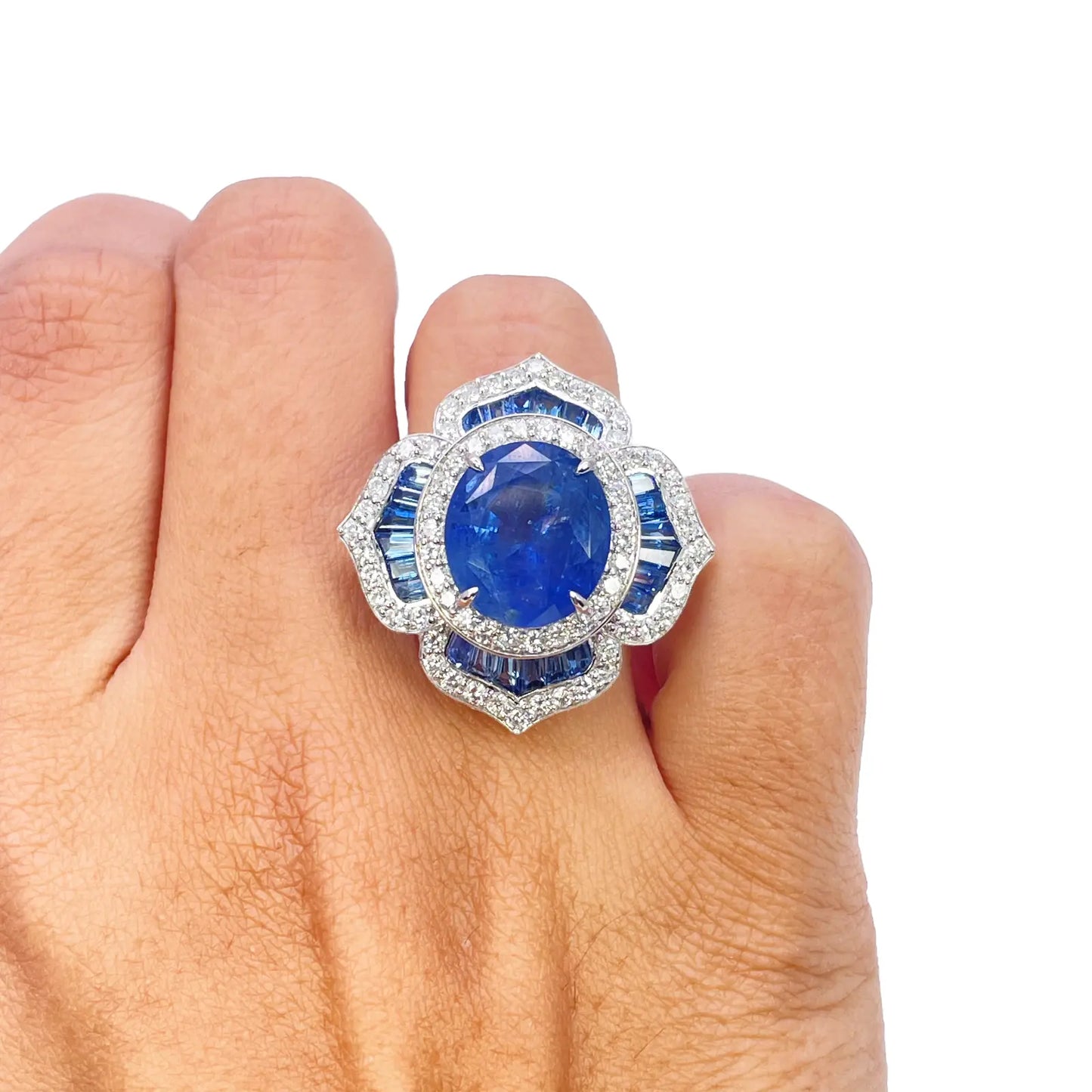 18ct Yellow Gold Natural Blue Sapphire & Diamond Floral Cocktail Ring 10.69ct  Diamond Ring